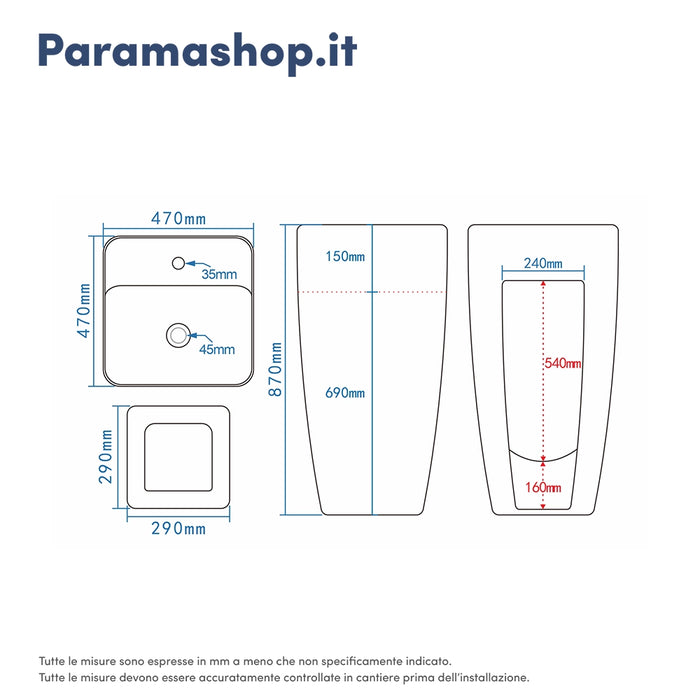 Lavabo freestanding diam. 47cm in ceramica bianco lucido con troppopieno | Bohai