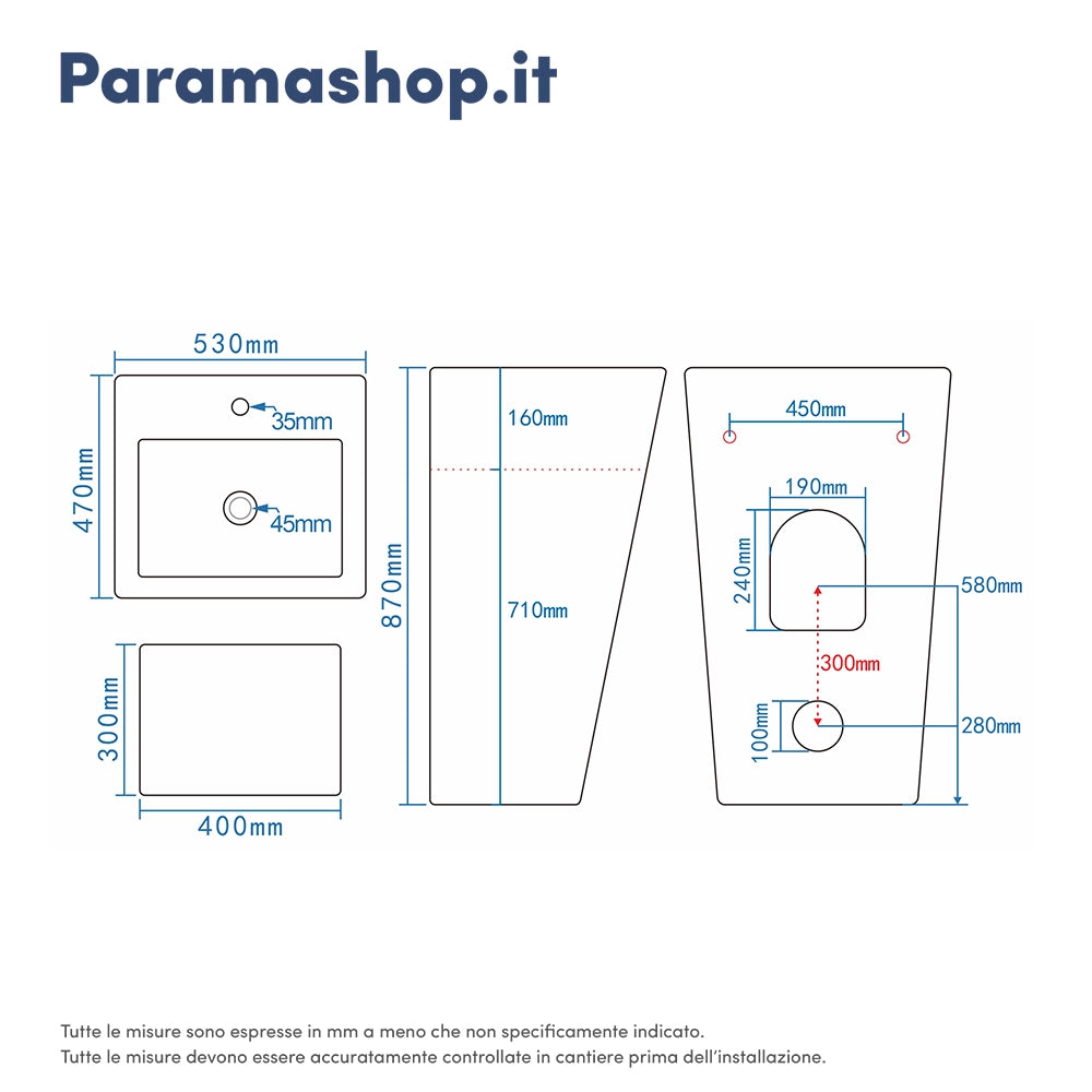 Lavabo freestanding 53x47cm in ceramica bianco lucido con troppopieno | Kara