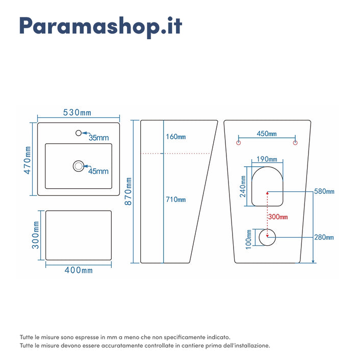 Lavabo freestanding 53x47cm in ceramica bianco lucido con troppopieno | Kara