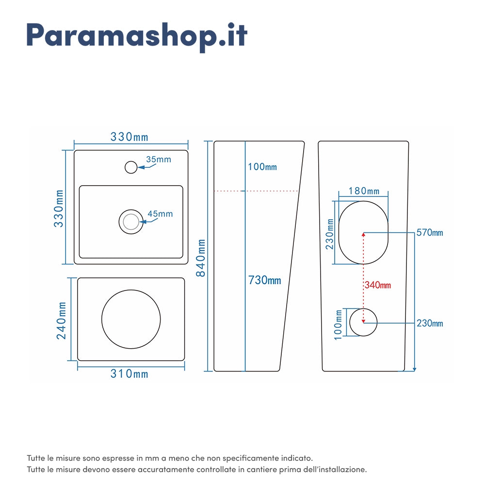 Lavabo freestanding 33x33cm in ceramica bianco lucido con troppopieno | Levante