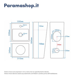 Lavabo freestanding 33x33cm in ceramica bianco lucido con troppopieno | Levante