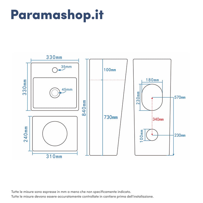 Lavabo freestanding 33x33cm in ceramica bianco lucido con troppopieno | Levante