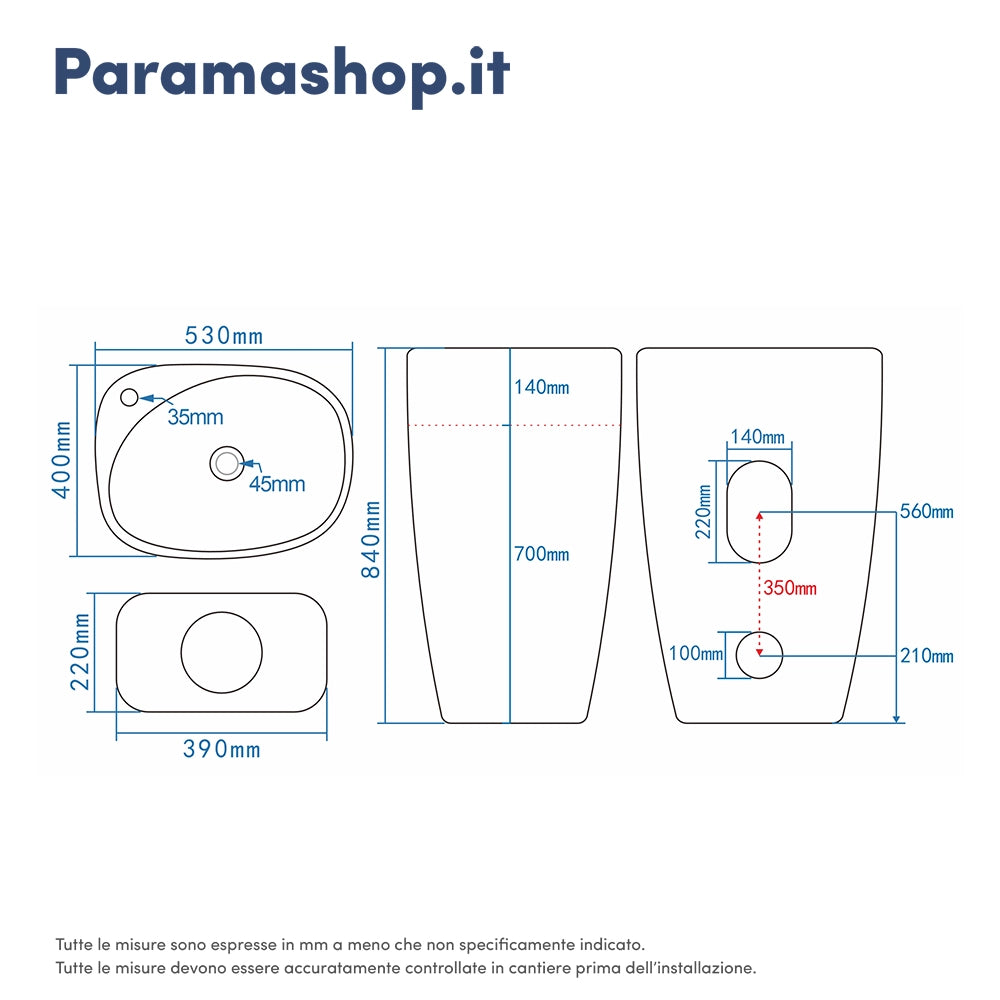Lavabo freestanding 53x40cm in ceramica bianco lucido con troppopieno | Weddell