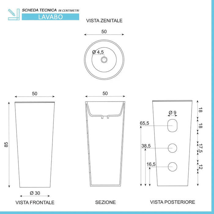 Lavabo freestanding da terra 50x85h cm effetto marmo bianco Tokyo