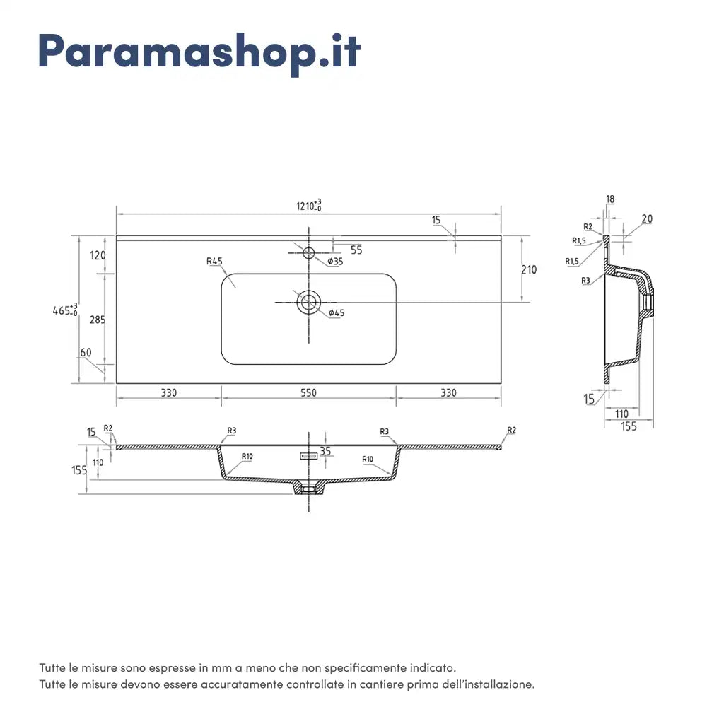 Lavabo da incasso 121x46cm in resina minerale | Vael