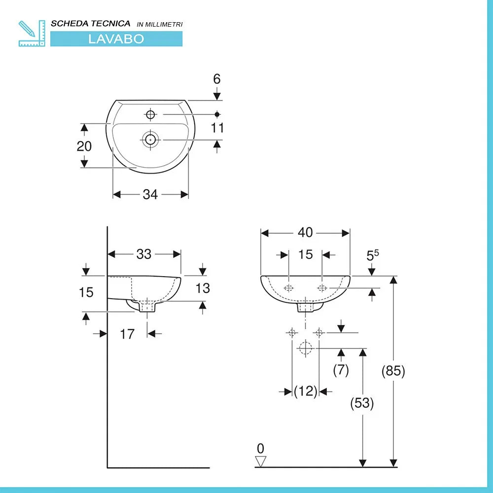 Lavabo sospeso 40 cm Geberit in ceramica lucida  Colibrì