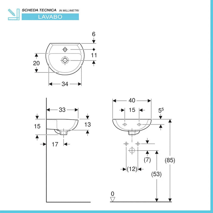 Lavabo sospeso 40 cm Geberit in ceramica lucida  Colibrì