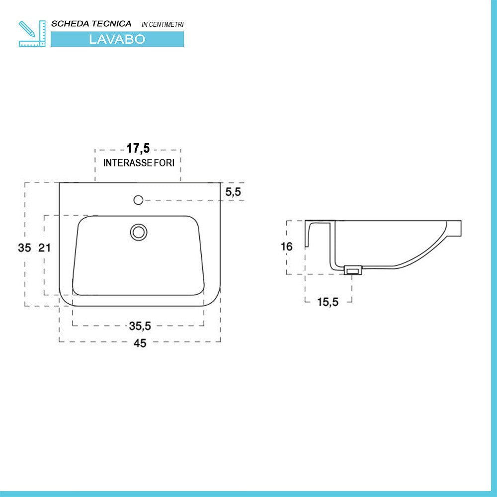 Lavabo sospeso 45x35 salvaspazio bianco in ceramica