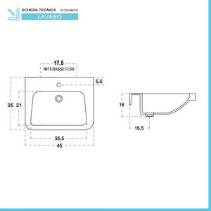 Lavabo sospeso 45x35 salvaspazio bianco in ceramica
