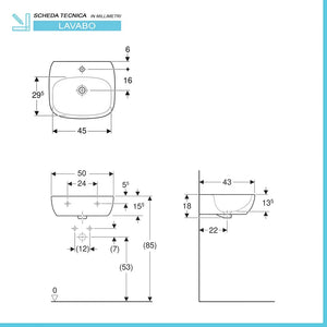 Lavabo sospeso 50 cm Geberit bianco lucido monoforo  Fantasia