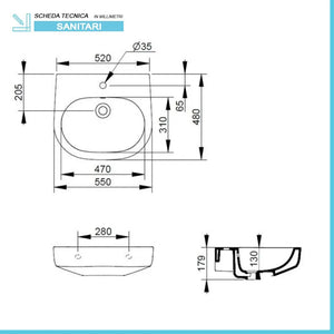 Lavabo sospeso 55x48 cm linea Mirto con troppo pieno e foro rubinetto