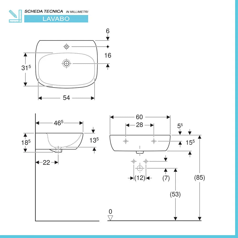 Lavabo sospeso 60 cm Geberit bianco lucido monoforo  Fantasia