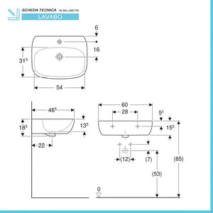 Lavabo sospeso 60 cm Geberit bianco lucido monoforo  Fantasia