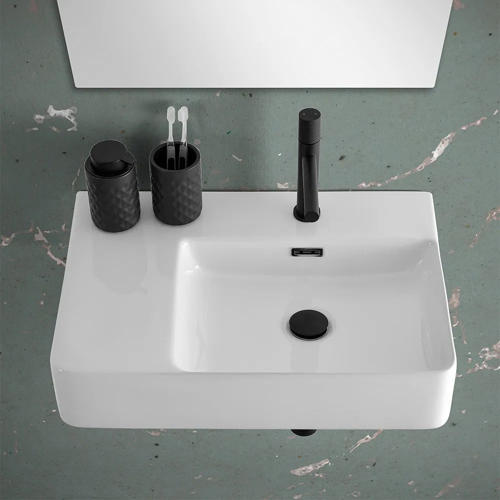 Lavabo sospeso 60x43 in ceramica lucida con ripiano a sinistra