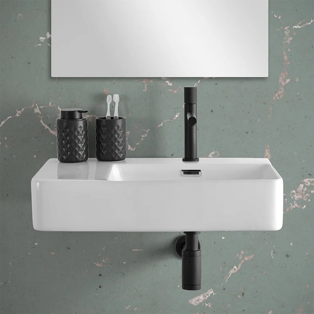 Lavabo sospeso 60x43 in ceramica lucida con ripiano a sinistra