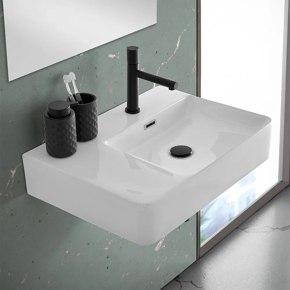 Lavabo sospeso 60x43 in ceramica lucida con ripiano a sinistra