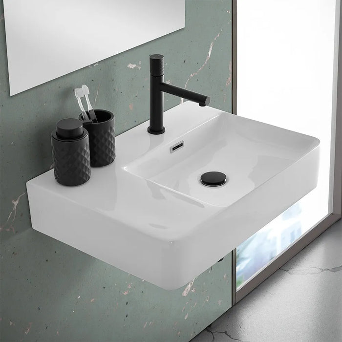 Lavabo sospeso 60x43 in ceramica lucida con ripiano a sinistra
