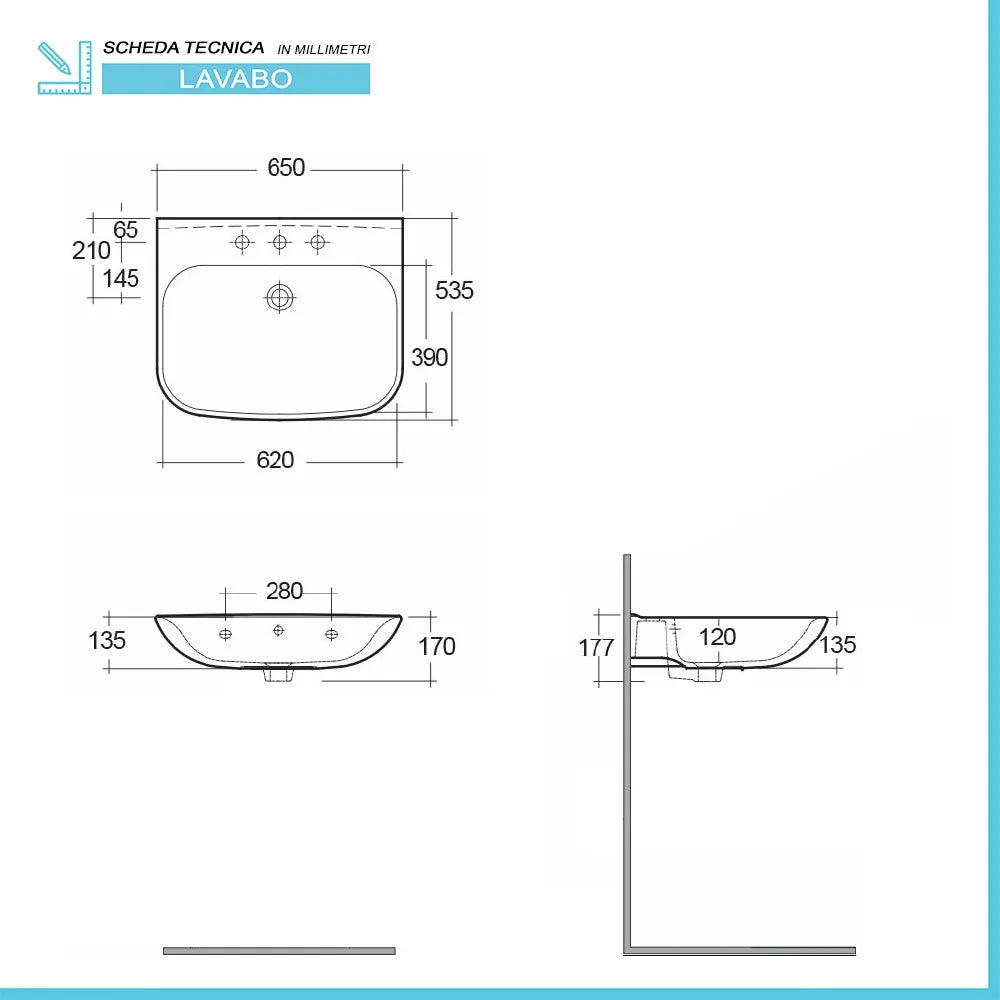 Lavabo bagno sospeso 65 cm in ceramica bianco lucido Rak Origin