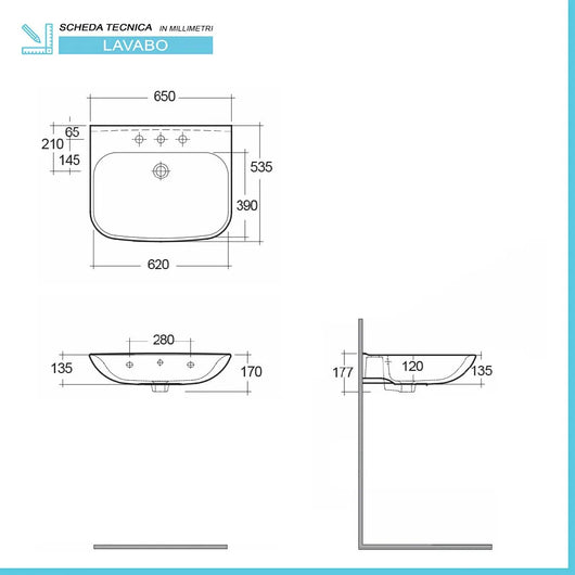 Lavabo bagno sospeso 65 cm in ceramica bianco lucido Rak Origin