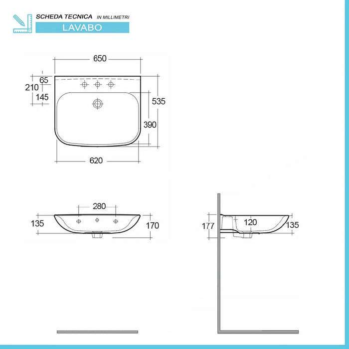 Lavabo bagno sospeso 65 cm in ceramica bianco lucido Rak Origin
