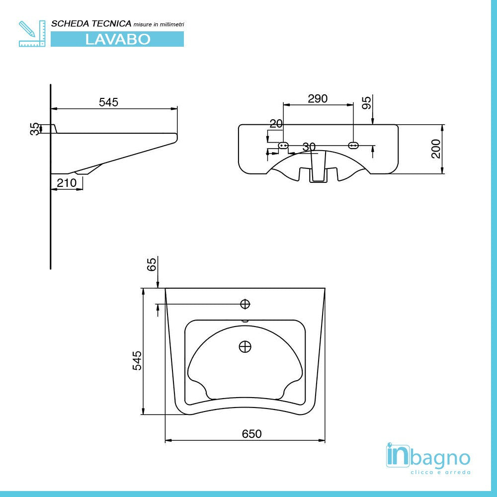 Lavabo sospeso 65 cm per disabili con fissaggio senza staffe