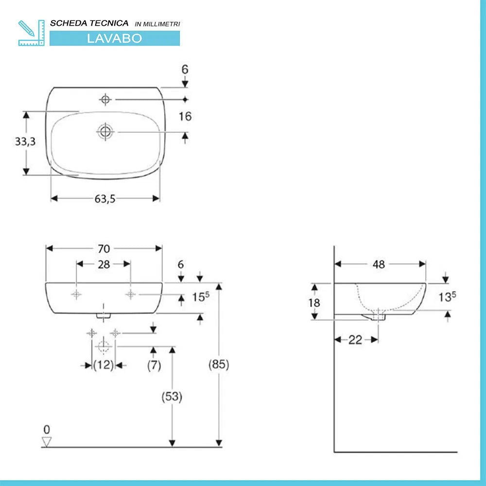 Lavabo sospeso 70 cm Geberit bianco lucido monoforo  Fantasia