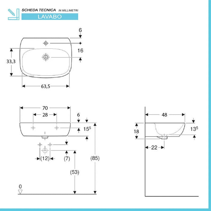 Lavabo sospeso 70 cm Geberit bianco lucido monoforo  Fantasia