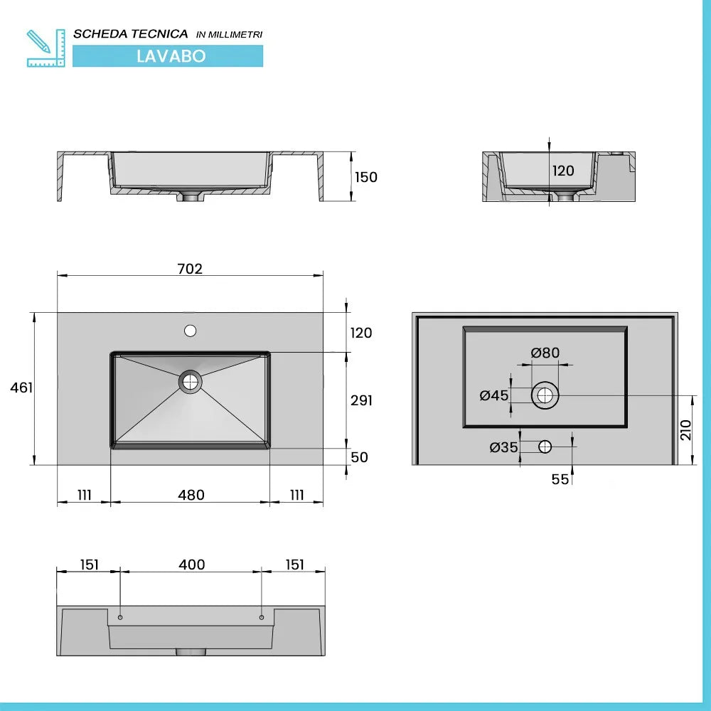 Lavabo sospeso 70 cm in resina bianco lucido Lodi