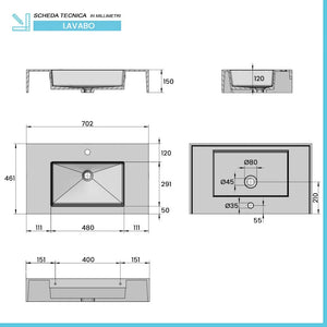 Lavabo sospeso 70 cm in resina bianco lucido Lodi