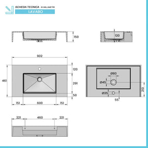 Lavabo sospeso 90 cm in resina bianco lucido Lodi