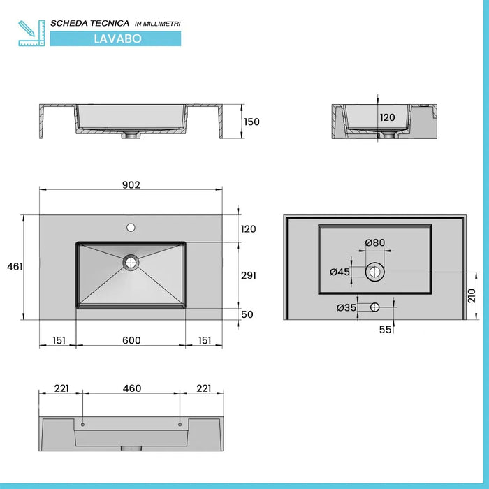 Lavabo sospeso 90 cm in resina bianco lucido Lodi