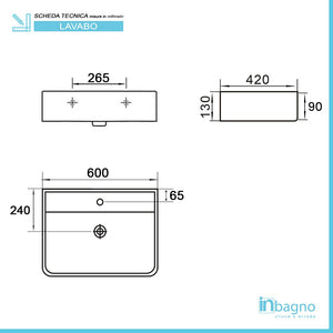 Lavabo sospeso rettangolare 60x42 cm in ceramica bianco lucido