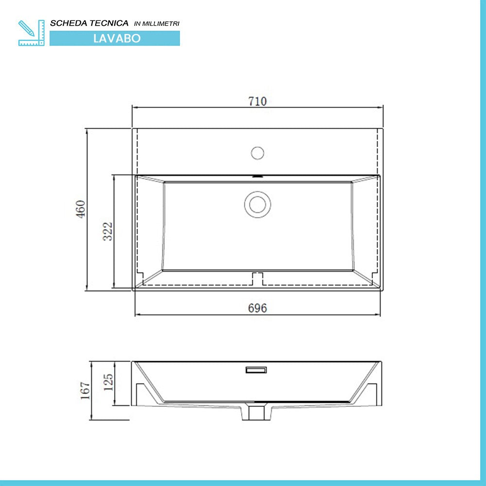 Lavabo sospeso rettangolare in resina 70 cm bianco lucido  Loto
