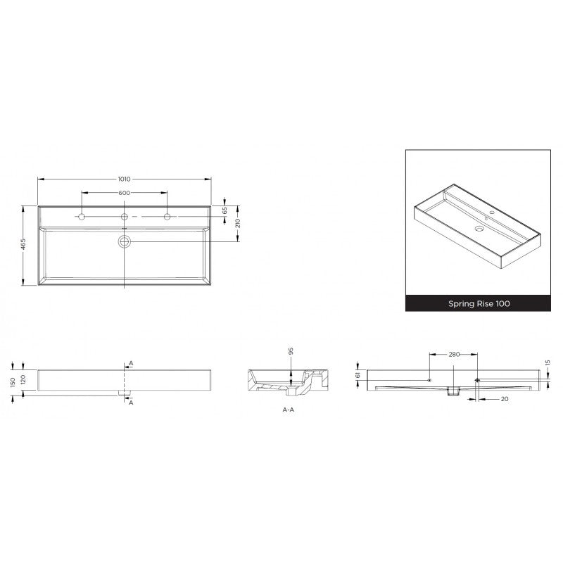 SPRING RISE RIHO lavabo 100x46x12 cm 2 fori in ceramica