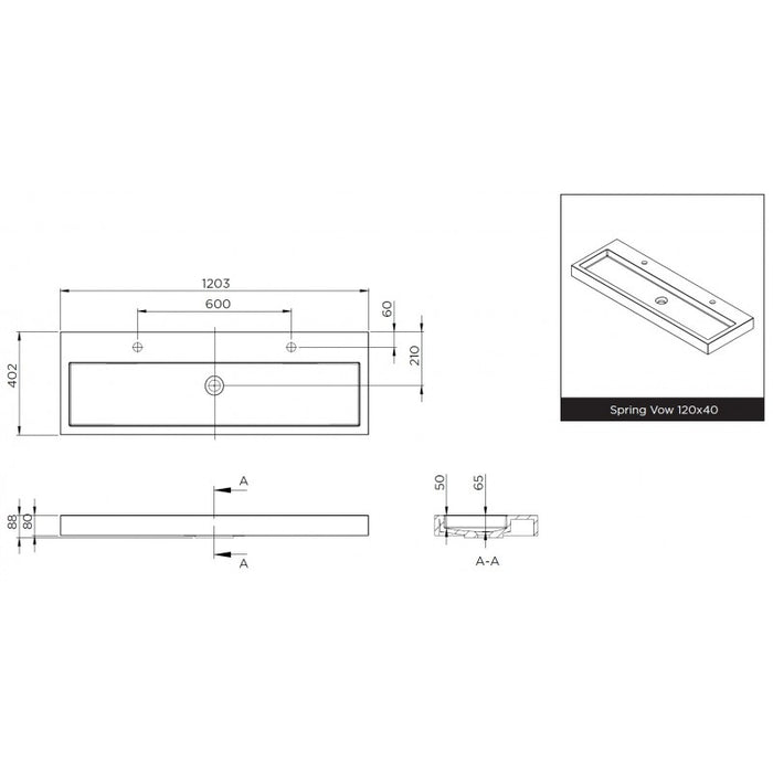 SPRING VOW RIHO lavabo 120x40x8 cm 2 fori in marmo composito