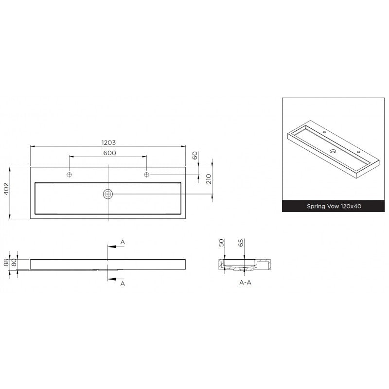 SPRING VOW RIHO lavabo 120x40x8 cm 2 fori in marmo composito