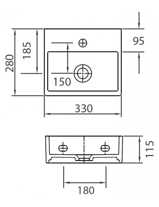 DAPHNE lavabo sospeso rettangolare 33x28x11,5 cm