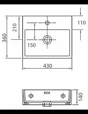 DAPHNE lavabo rettangolare sospeso 43x36x14 cm