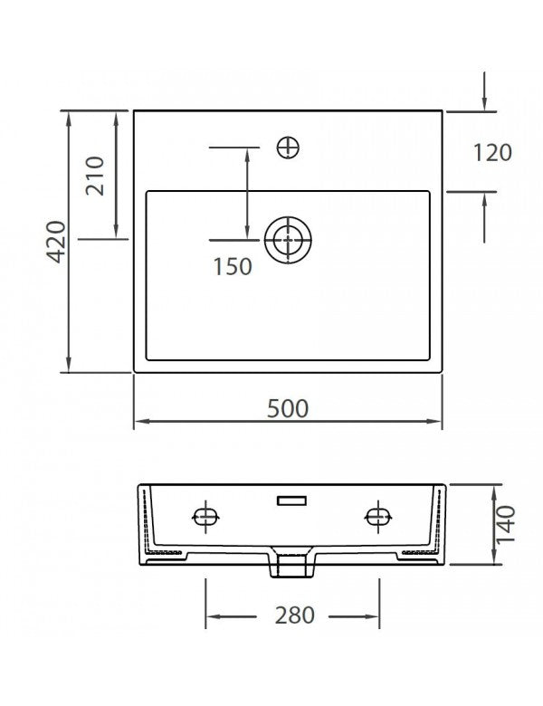 DAPHNE lavabo rettangolare sospeso 50x42x14 cm