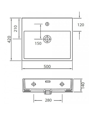 DAPHNE lavabo rettangolare sospeso 50x42x14 cm