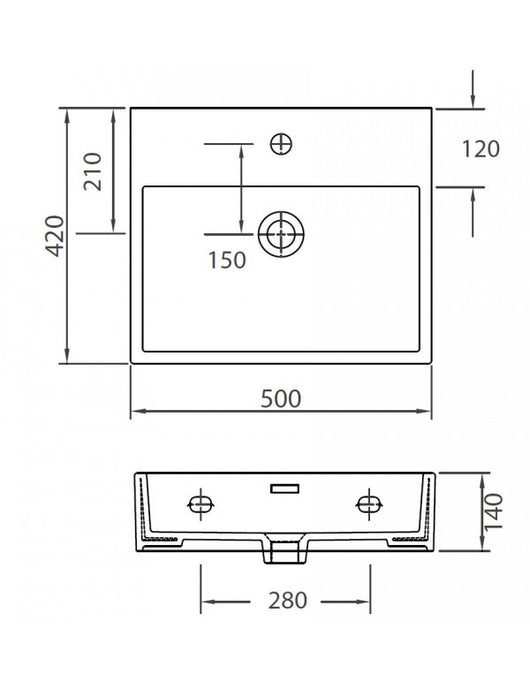 DAPHNE lavabo rettangolare sospeso 50x42x14 cm