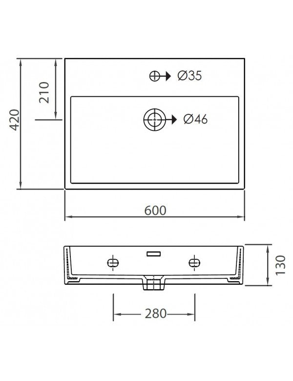 DAPHNE lavabo rettangolare sospeso 60x42x13 cm
