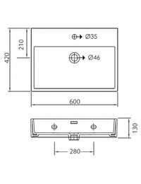 DAPHNE lavabo rettangolare sospeso 60x42x13 cm
