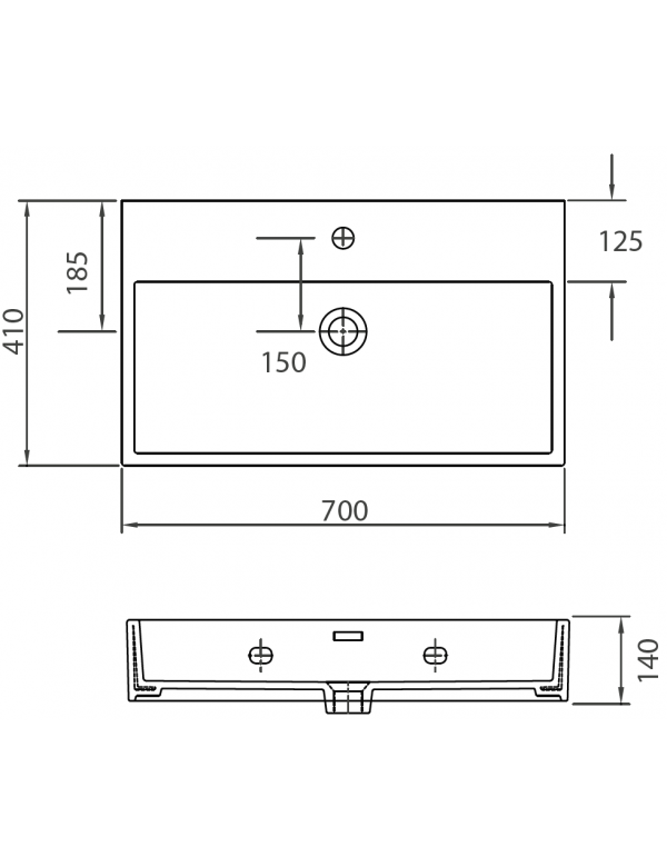 DAPHNE lavabo sospeso rettangolare 70x41x14 cm