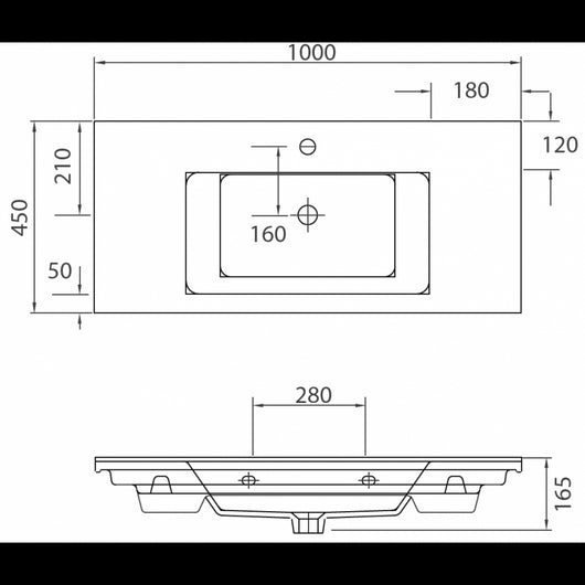 ETNA lavabo rettangolare sospeso 100x45x16,5 cm in porcellana