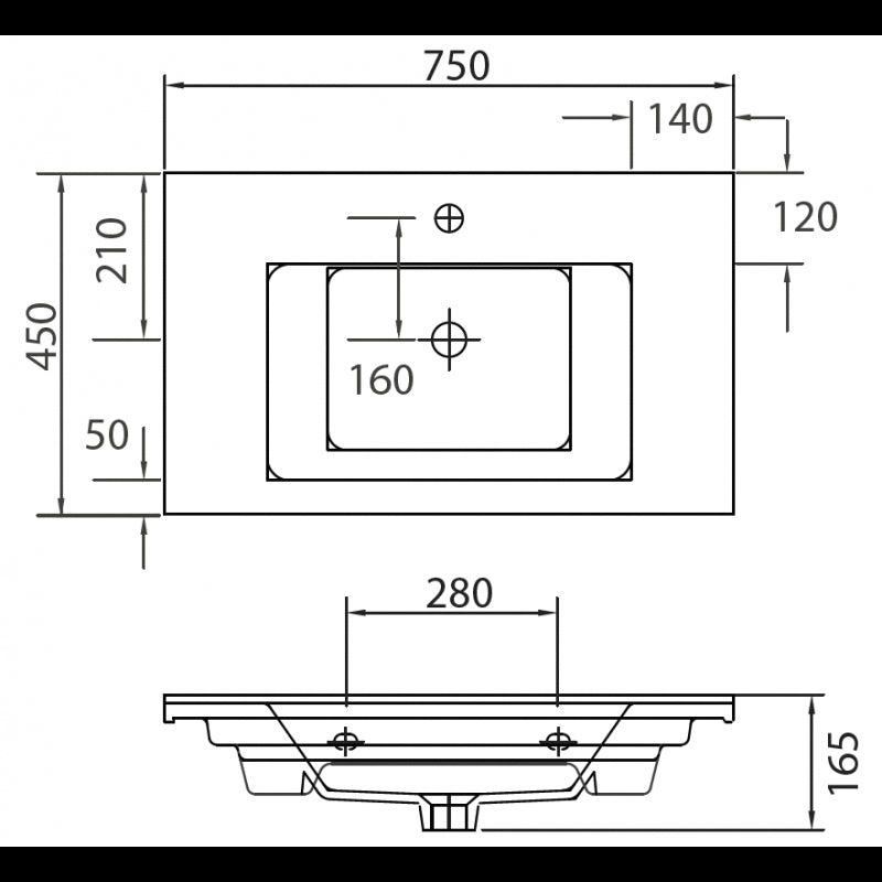 Lavabo rettangolare sospeso ETNA 75x45x16,5 cm in porcellana