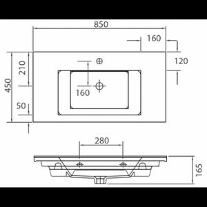 ETNA lavabo rettangolare sospeso 85x45x16,5 cm in porcellana