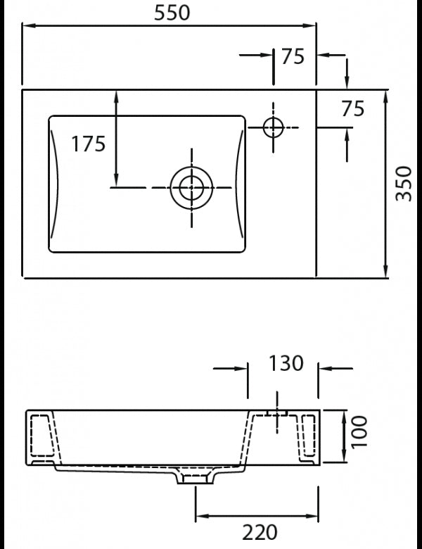 Lavabo rettangolare sospeso MINOS 55x35x10 cm
