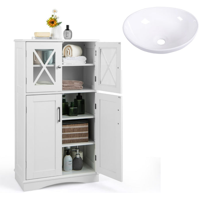 Lavabo ovale in ceramica e mobiletto portaoggetti da bagno, Lavandino di forma ovale e mobiletto da pavimento per bagno-Mobili da bagno