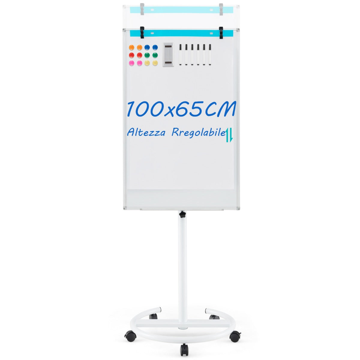 Lavagna magnetica cancellabile a secco con 5 ruote, Lavagna regolabile in altezza con supporto rotondo Bianco-Lavagne